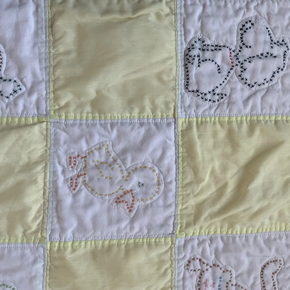 VTG Handmade Cross Stitch Baby Nursery Quilt Handmade Yellow 22x32 Dog Cat Duck